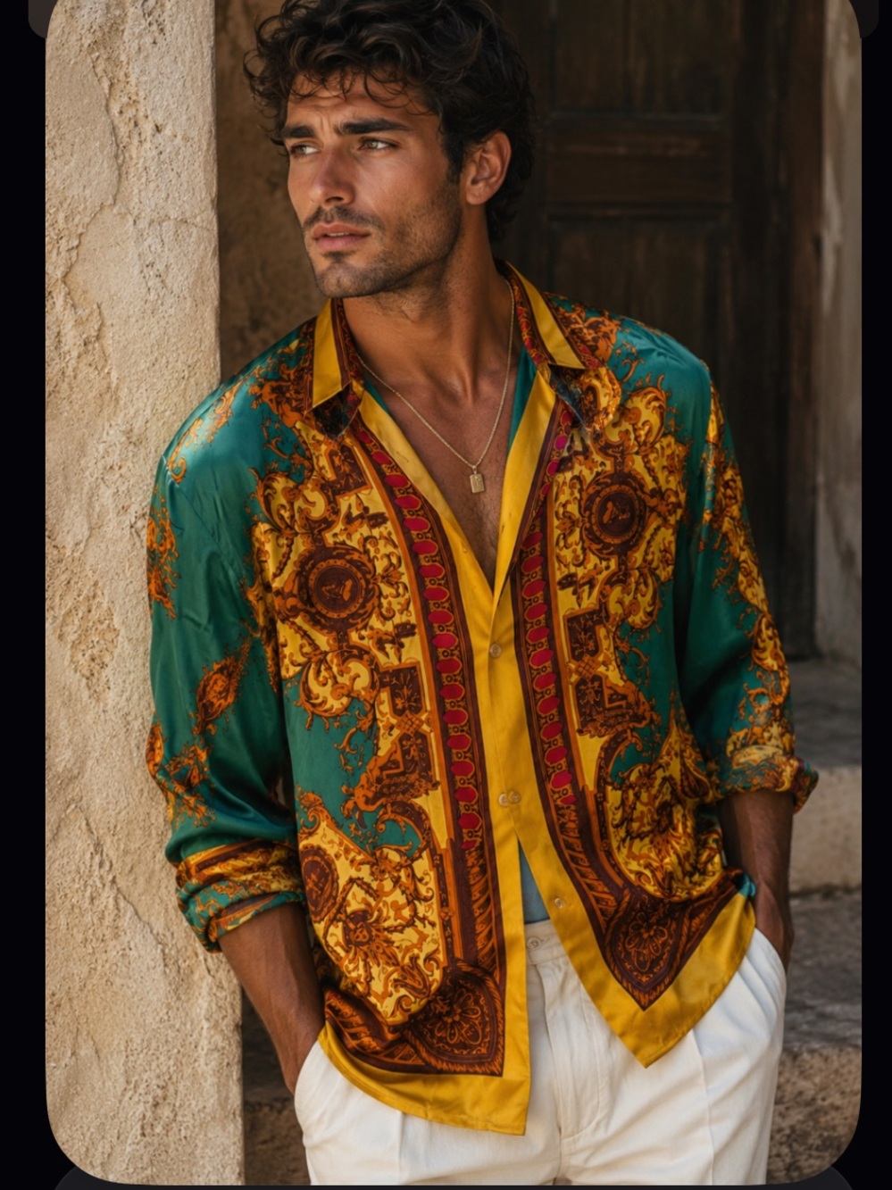 Rare creme de silk vtg men’s printed button up $400 3x designer fall gold lux